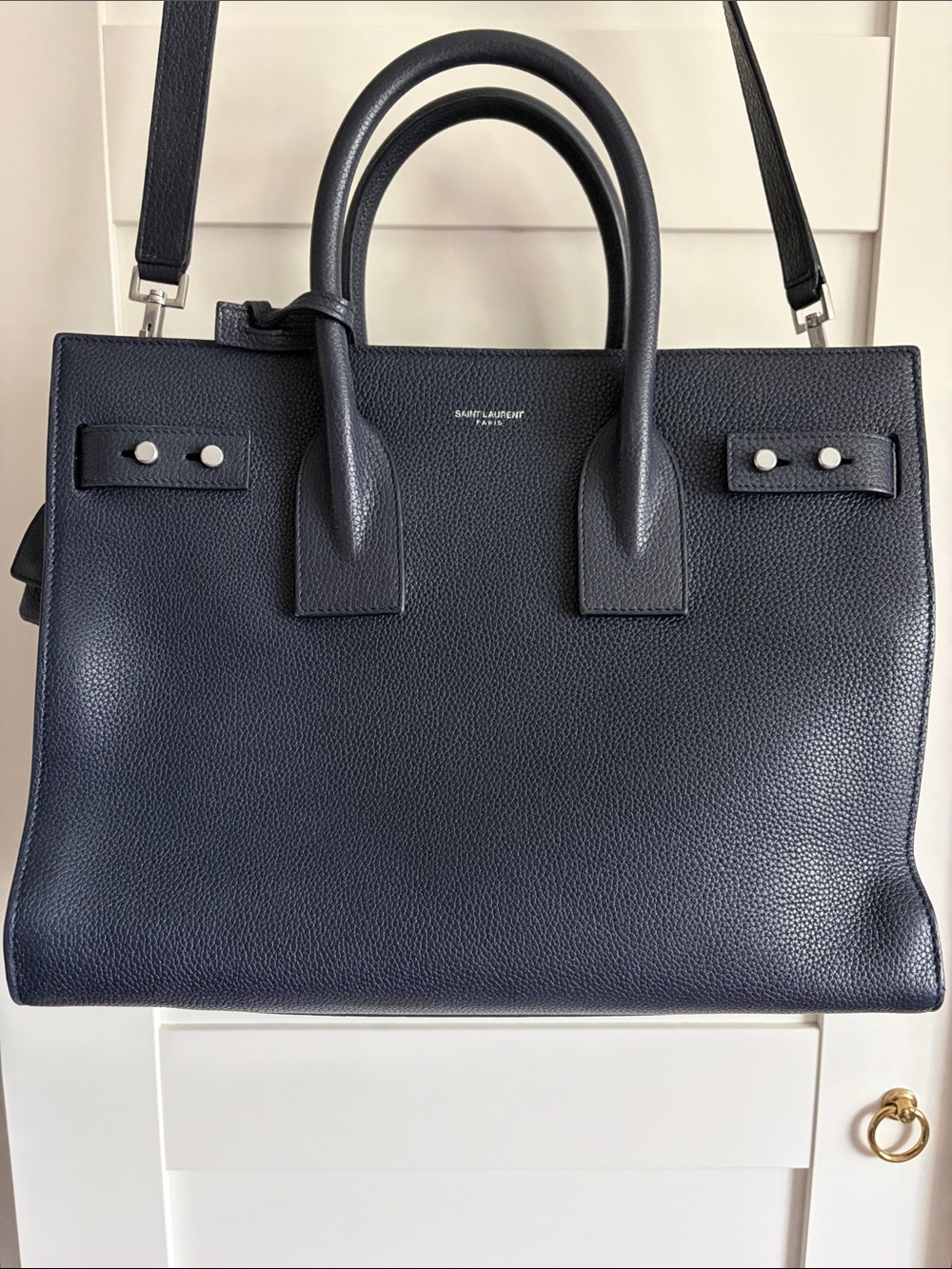 Saint Laurent Navy Pebbled Leather Souple Sac de Jour